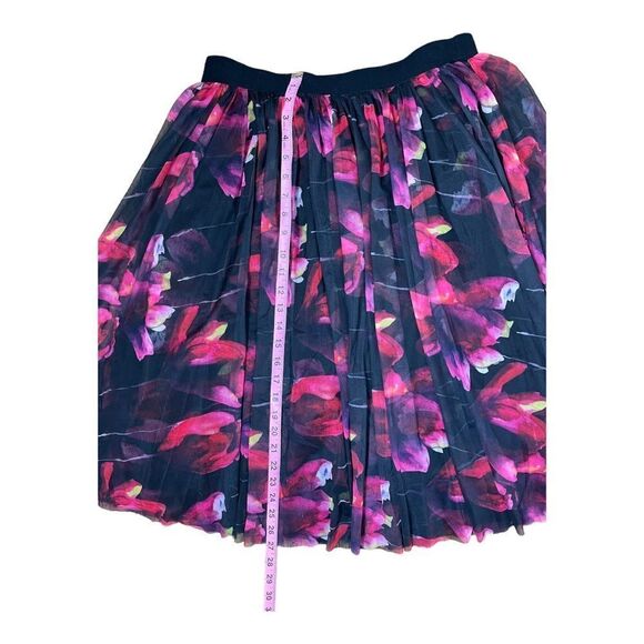 Esley Sz M Floral Black Pink Red Pleated Tulle Skirt Elastic Waist A-Line - Picture 4 of 8